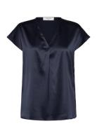 Rwjade Silk Ss Blouse Navy Rosemunde