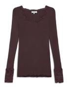 Rwbenita Silk Ls O-Neck Lace T-Shir Brown Rosemunde