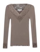 Rwbernadine Organic Ls V-Neck Lace Brown Rosemunde