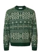 Slhholger Ls Knit Jaquard Crew Neck Green Selected