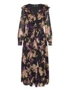Floral Ruffle-Trim Georgette Dress Knelang Kjole Black Lauren Ralph La...