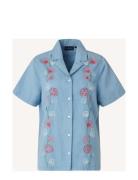 Ajla Embroided Linen Blend Blouse Tops Shirts Short-sleeved Blue Lexin...