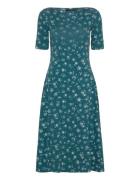 Floral Stretch Cotton Midi Dress Knelang Kjole Green Lauren Ralph Laur...