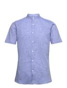 Mandarin Linen Blend Shirt S/S Tops Shirts Short-sleeved Blue Lindberg...