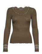 Silk T-Shirt W/ Lace Tops T-shirts & Tops Long-sleeved Green Rosemunde