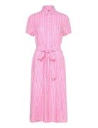Belted Striped Linen Shirtdress Knelang Kjole Pink Polo Ralph Lauren