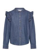 Ruffled Denim Shirt Tops Shirts Long-sleeved Shirts Blue Mango