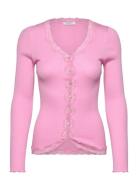 Rwbabette Silk Ls V-Neck Lace Cardi Tops Knitwear Cardigans Pink Rosem...