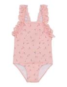 Swimsuit W. Frills, Aop Badedrakt Badetøy Pink Color Kids