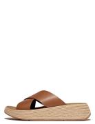 F-Mode Espadrille Leather Flatform Cross Slides Sandal Med Hæl Brown F...