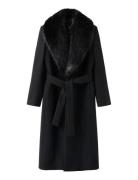 Manteco Wool Coat With Fur Collar Ullfrakk Frakk Black Mango